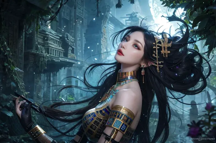 (otherworldly), highly insanely detailed, masterpiece, top quality, best quality, highres, 4k, 8k, RAW photo,  
((ancient egyptian theme:1.2)), taiwan, korean, ((post-apocalyptic:1.2)), 
abandoned building, overgrown with vegetation, ruin, 
(gardens, village:0.6), 
mythical, mysterious, 
reflection, reflective floor, 
blue cloudy sky, blue sky, 
(flower, falling petals, petals on liquid, petals:0.8), 
(mandala, nebula, fractal art:0.5), 
(dreamlike, dream like, dream-like, dream-like atmosphere:0.6), 
(long hair, glowing hair, hair over one eye, long messy hair), 
(eyelashes, eyeliner, eyeshadow, eyelashes, long eyelashes), 
collar, earrings, jewelry, necklace, armlet, 
nsfw, 
cleavage, perfect body, makeup, 
(from side, facing away), 
riverside fairy village full of farms and fairies with gardens and flowers, 
<lora:locon_jaimemurray_v1_from_v1_64_32:0.8>, (fantasy world)