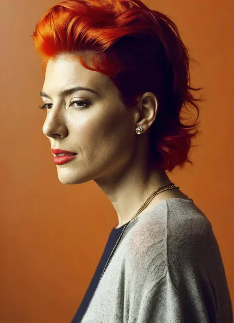 analog style, modelshoot style, portrait of sks woman by Flora Borsi, style by Flora Borsi, bold, bright colours, orange Mohawk haircut, ((Flora Borsi)), <lora:locon_jaimemurray_v1_from_v1_64_32:1.3>