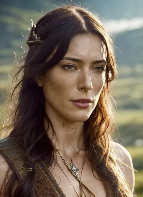 A stunning intricate full color portrait of (35 years old sks woman:1) as (viking warrior), (barbarian),  epic character composition, by ilya kuvshinov, alessio albi, nina masic, sharp focus, natural lighting, subsurface scattering, f2, 35mm, film grain, <lora:locon_jaimemurray_v1_from_v1_64_32:1.3>