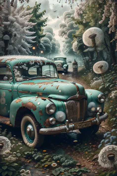 <lora:dandelions-style-darquelilly-v1:1> dandelionstyle, old car