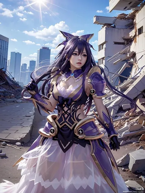 <lora:tohkacos11:0.75>tohkacos, tohkaastral, ((armored dress, shoulder armor, pauldrons, gloves, head ornament)), purple hair, large breasts, make a fist,
masterpiece, best quality, ultra detailed, highres, official art, illustration, beautiful detailed lens flare, direct sunlight, (wide shot1:1.2), solo, (1girl:1.5),long hair, floating hair,cleavage,masterpiece, (realistic:1.3), finely detailed, quality, rembrandt lighting, (masterpiece:1.2), (photorealistic:1.2), (best quality), (detailed skin:1.3), (intricate details), dramatic, ((ruin, building, destory,in a destroyed city, destruction, rampage, city, skyscraper))