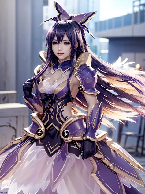 <lora:tohkacos11:0.75>tohkacos, tohkaastral, ((armored dress, shoulder armor, pauldrons, gloves, head ornament)), purple hair, large breasts,
masterpiece, best quality, ultra detailed, highres, official art, illustration, beautiful detailed lens flare, direct sunlight, (wide shot1:1.2), solo, (1girl:1.5),long hair, floating hair,cleavage,masterpiece, (realistic:1.3), finely detailed, quality, rembrandt lighting, (masterpiece:1.2), (photorealistic:1.2), (best quality), (detailed skin:1.3), (intricate details), dramatic,