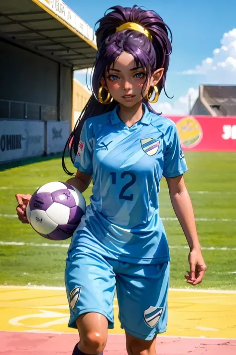 (extremely detailed CG unity 8k wallpaper), (best quality), (ultra-detailed), (best illustration), 1girl, detailed soccer stadium, outdoors, beautiful sunlight, soccer uniform, shorts, socks, soccer,  green field, smiling, wide hips, large breasts, high ponytail, blue eyes,  <lyco:bolivar-10:0.8>, bolivar,  <lora:shantae-nvwls-v1:0.9>, shantae, tiara, choker, hoop earrings, o-ring bandeau, (purple hair)