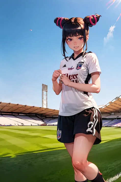 (extremely detailed CG unity 8k wallpaper), (best quality), (ultra-detailed), (best illustration), 1girl, detailed soccer stadium, outdoors, beautiful sunlight, soccer uniform, shorts, socks, soccer,  green field, smiling,  <lora:han_juri_v1:0.7> <lyco:colocolo-10:0.9>, colocolo, onejuri, purple eyes, pigtails