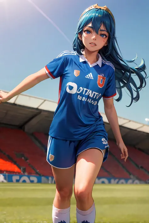 (extremely detailed CG unity 8k wallpaper), (best quality), (ultra-detailed), (best illustration), 1girl, detailed soccer stadium, outdoors, beautiful sunlight, soccer uniform, shorts, socks, soccer,  green field, (smiling),  <lyco:unichile-10:0.8>, unichile <lora:lucina:0.8>, lucina fe, tiara, long hair, blue hair, blue uniform