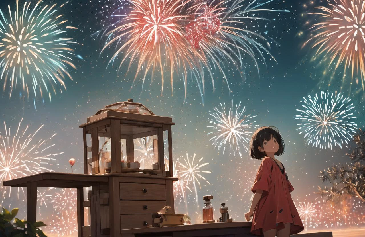 (wide shot:1.8),, (best quality, masterpiece), absurdres, highres, hyper-photorealistic, ultra-detailed, perfect anatomy, (fireworks festival:1.8),, beautiful night sky tilt of the head, the wind, ciinematic lighting,((masterpiece)), ((best quality)), 8k, high detailed, ultra-detailed,science fiction, fantasy, buildings, <lora:xs-nutcarving_V3:0.7>, High quality, 16K, detail, precision, best work, so it is safe to touch. This slime can contain air and fluff up, or flatten under pressure, so it changes shape in various ways inside the bottle. This slime is very cute, and sometimes it bounces or forms a heart shape from the bottle.Alien Infusion Beverage, out-of-this-world drink, alien elixir, extracts, rare extraterrestrial plants, infused ionized energy, distant nebula, served in a glowing glass vessel, HDR, foodphoto <lora:foodphoto:1>, <lora:epiNoiseoffset_v2:1>mycelium,symmetry, design, art,Vintage bottle, SIO,camp,cute, water splash, splash, looks delicious,blood splatter,microcosm,A sparkling bottle on the desk,explosion,pull cut, whole,terrarium,weathered, retro,beautiful girl, dress