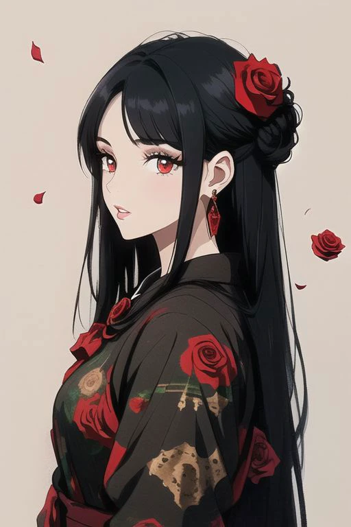 a drawing of a beautiful young woman with black hair and red roses, 1girl, flower, solo, rose, red flower, black hair, red rose, hair ornament, jewelry, hair flower, looking at viewer, earrings, makeup, eyelashes, parted lips, rose petals