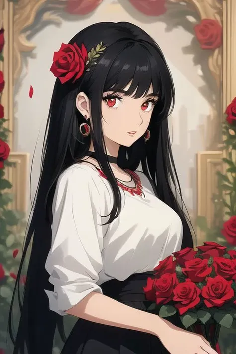 a drawing of a beautiful young woman with black hair and red roses, 1girl, flower, solo, rose, red flower, black hair, red rose, hair ornament, jewelry, hair flower, looking at viewer, earrings, makeup, eyelashes, parted lips, rose petals