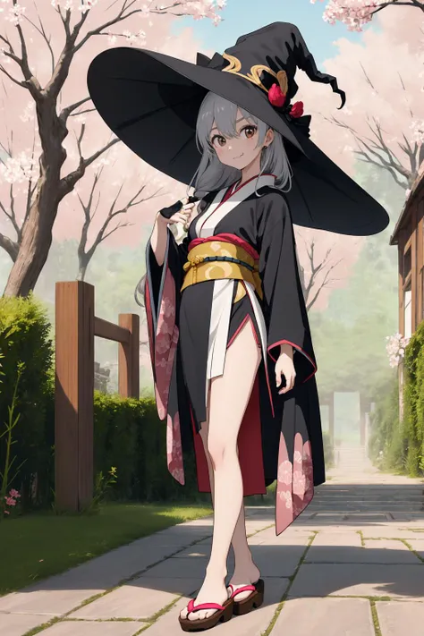 ((masterpiece , best quality ,face focus)), 10yo solo girl , small breasts , (round eyes ashen-pink:1.2) , Gray hair , hair between eyes , absurdly long hair ,(Black witch robe ,A hugeest black witch's hat with Red undercoat brims:1.3), smirk ,(fang : 0.5)an oriental girl in traditional kimono with an umbrella, standing beside blossoming trees, in the style of unreal engine 5, fairy kei, exquisite clothing detail, intricate floral prints, light pink and gold, close-up, white legwears, thick bottomed japanese clogs, i can't believe how beautiful this is, blink-and-you-miss-it detail}