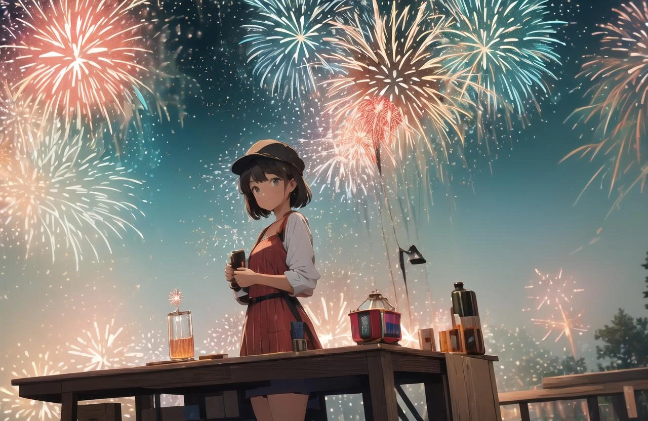 (wide shot:1.8),, (best quality, masterpiece), absurdres, highres, hyper-photorealistic, ultra-detailed, perfect anatomy, (fireworks festival:1.8),, beautiful night sky tilt of the head, the wind, ciinematic lighting,((masterpiece)), ((best quality)), 8k, high detailed, ultra-detailed,science fiction, fantasy, buildings, <lora:xs-nutcarving_V3:0.7>, High quality, 16K, detail, precision, best work, so it is safe to touch. This slime can contain air and fluff up, or flatten under pressure, so it changes shape in various ways inside the bottle. This slime is very cute, and sometimes it bounces or forms a heart shape from the bottle.Alien Infusion Beverage, out-of-this-world drink, alien elixir, extracts, rare extraterrestrial plants, infused ionized energy, distant nebula, served in a glowing glass vessel, HDR, foodphoto <lora:foodphoto:1>, <lora:epiNoiseoffset_v2:1>mycelium,symmetry, design, art,Vintage bottle, SIO,camp,cute, water splash, splash, looks delicious,blood splatter,microcosm,A sparkling bottle on the desk,explosion,pull cut, whole,terrarium,weathered, retro,beautiful girl, dress