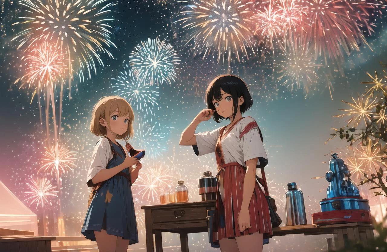(wide shot:1.8),, (best quality, masterpiece), absurdres, highres, hyper-photorealistic, ultra-detailed, perfect anatomy, (fireworks festival:1.8),, beautiful night sky tilt of the head, the wind, ciinematic lighting,((masterpiece)), ((best quality)), 8k, high detailed, ultra-detailed,science fiction, fantasy, buildings, <lora:xs-nutcarving_V3:0.7>, High quality, 16K, detail, precision, best work, so it is safe to touch. This slime can contain air and fluff up, or flatten under pressure, so it changes shape in various ways inside the bottle. This slime is very cute, and sometimes it bounces or forms a heart shape from the bottle.Alien Infusion Beverage, out-of-this-world drink, alien elixir, extracts, rare extraterrestrial plants, infused ionized energy, distant nebula, served in a glowing glass vessel, HDR, foodphoto <lora:foodphoto:1>, <lora:epiNoiseoffset_v2:1>mycelium,symmetry, design, art,Vintage bottle, SIO,camp,cute, water splash, splash, looks delicious,blood splatter,microcosm,A sparkling bottle on the desk,explosion,pull cut, whole,terrarium,weathered, retro,beautiful girl, dress