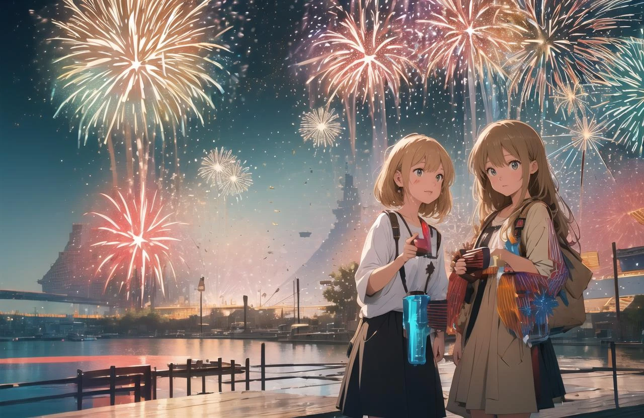 (wide shot:1.8),, (best quality, masterpiece), absurdres, highres, hyper-photorealistic, ultra-detailed, perfect anatomy, (fireworks festival:1.8),, beautiful night sky tilt of the head, the wind, ciinematic lighting,((masterpiece)), ((best quality)), 8k, high detailed, ultra-detailed,science fiction, fantasy, buildings, <lora:xs-nutcarving_V3:0.7>, High quality, 16K, detail, precision, best work, so it is safe to touch. This slime can contain air and fluff up, or flatten under pressure, so it changes shape in various ways inside the bottle. This slime is very cute, and sometimes it bounces or forms a heart shape from the bottle.Alien Infusion Beverage, out-of-this-world drink, alien elixir, extracts, rare extraterrestrial plants, infused ionized energy, distant nebula, served in a glowing glass vessel, HDR, foodphoto <lora:foodphoto:1>, <lora:epiNoiseoffset_v2:1>mycelium,symmetry, design, art,Vintage bottle, SIO,camp,cute, water splash, splash, looks delicious,blood splatter,microcosm,A sparkling bottle on the desk,explosion,pull cut, whole,terrarium,weathered, retro,beautiful girl, dress