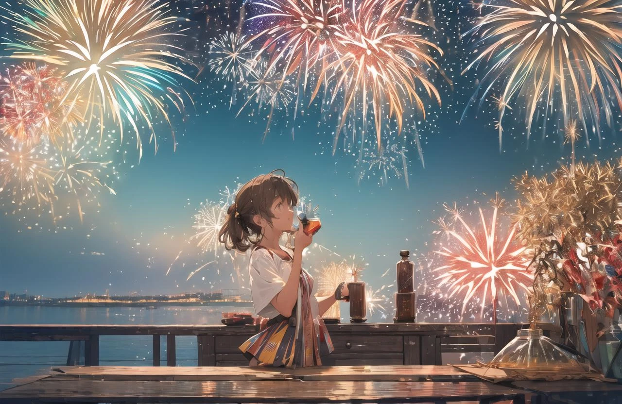 (wide shot:1.8),, (best quality, masterpiece), absurdres, highres, hyper-photorealistic, ultra-detailed, perfect anatomy, (fireworks festival:1.8),, beautiful night sky tilt of the head, the wind, ciinematic lighting,((masterpiece)), ((best quality)), 8k, high detailed, ultra-detailed,science fiction, fantasy, buildings, <lora:xs-nutcarving_V3:0.7>, High quality, 16K, detail, precision, best work, so it is safe to touch. This slime can contain air and fluff up, or flatten under pressure, so it changes shape in various ways inside the bottle. This slime is very cute, and sometimes it bounces or forms a heart shape from the bottle.Alien Infusion Beverage, out-of-this-world drink, alien elixir, extracts, rare extraterrestrial plants, infused ionized energy, distant nebula, served in a glowing glass vessel, HDR, foodphoto <lora:foodphoto:1>, <lora:epiNoiseoffset_v2:1>mycelium,symmetry, design, art,Vintage bottle, SIO,camp,cute, water splash, splash, looks delicious,blood splatter,microcosm,A sparkling bottle on the desk,explosion,pull cut, whole,terrarium,weathered, retro,beautiful girl, dress