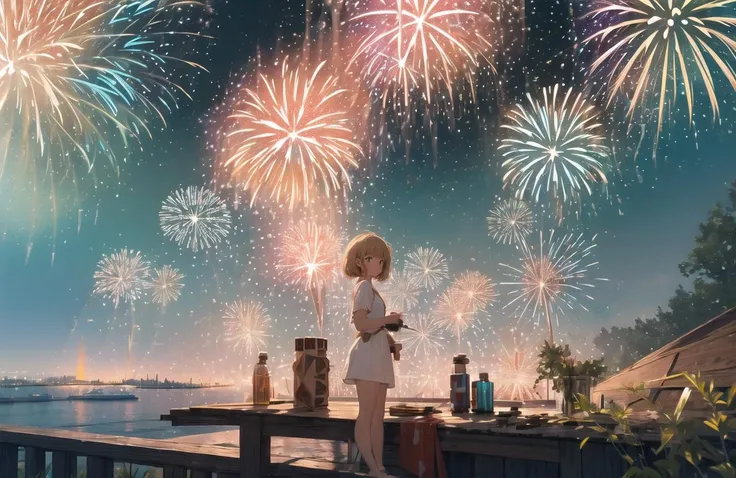 (wide shot:1.8),, (best quality, masterpiece), absurdres, highres, hyper-photorealistic, ultra-detailed, perfect anatomy, (fireworks festival:1.8),, beautiful night sky tilt of the head, the wind, ciinematic lighting,((masterpiece)), ((best quality)), 8k, high detailed, ultra-detailed,science fiction, fantasy, buildings, <lora:xs-nutcarving_V3:0.7>, High quality, 16K, detail, precision, best work, so it is safe to touch. This slime can contain air and fluff up, or flatten under pressure, so it changes shape in various ways inside the bottle. This slime is very cute, and sometimes it bounces or forms a heart shape from the bottle.Alien Infusion Beverage, out-of-this-world drink, alien elixir, extracts, rare extraterrestrial plants, infused ionized energy, distant nebula, served in a glowing glass vessel, HDR, foodphoto <lora:foodphoto:1>, <lora:epiNoiseoffset_v2:1>mycelium,symmetry, design, art,Vintage bottle, SIO,camp,cute, water splash, splash, looks delicious,blood splatter,microcosm,A sparkling bottle on the desk,explosion,pull cut, whole,terrarium,weathered, retro,beautiful girl, dress