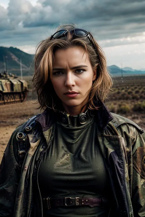 cinematic film still of beautiful (T34L30N1 woman:1.1),as comicbook hero Tank Girl,wearing an (army camoflage flightsuit:1.1) and helmet,(medium close up shot),standing next to a (armor steampunk tank:1.2),apocalyptic landscape in background,cinematic scene,hero view,(dramatic action pose),8k wallpaper,detailed background,masterpiece,best quality,high quality,absurdres,vivid,shallow depth of field,vignette,highly detailed,high budget Hollywood movie,depth of field,rule of thirds,cinemascope,moody,epic,gorgeous,film grain,<lora:zoom_slider_v1:0>,<lora:add_detail:1>,<lora:T34L30N1_09B-000003:1.0>,