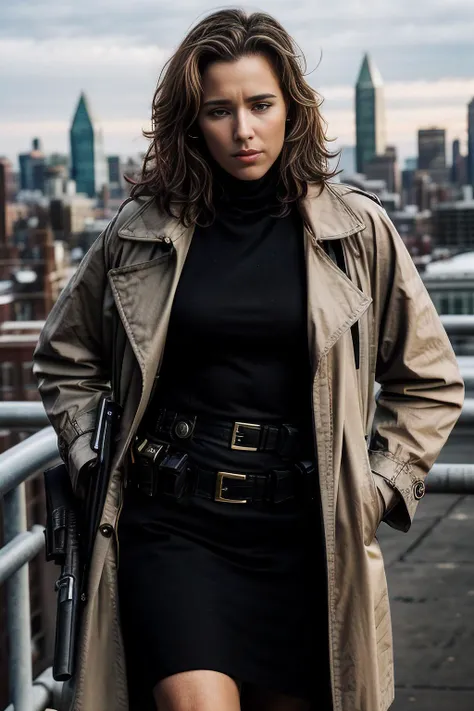 promotional photograph from television series of beautiful (T34L30N1 woman:1.1) as a criminal detective in a Baltimore police precinct,wearing black dress with a khaki trenchcoat,police badge on belt,holding glock gun,(closeup shot:1.2),walking on roof of brick building overlooking inner harbor,taken with Nikon D850,Nikon AF-S 85mm f/1.4G lens,photo realistic,bokeh,IMAX,(highly detailed),(Award winning),(Masterpiece),(HDR),(8k wallpaper),colorful,vivid color,intricately detailed,high contrast,looking_at_viewer,highres,absurdres,hyper realistic,UDH,depth_of_field,<lora:zoom_slider_v1:0>,<lora:add_detail:1>,<lora:T34L30N1_09B-000003:1.0>,