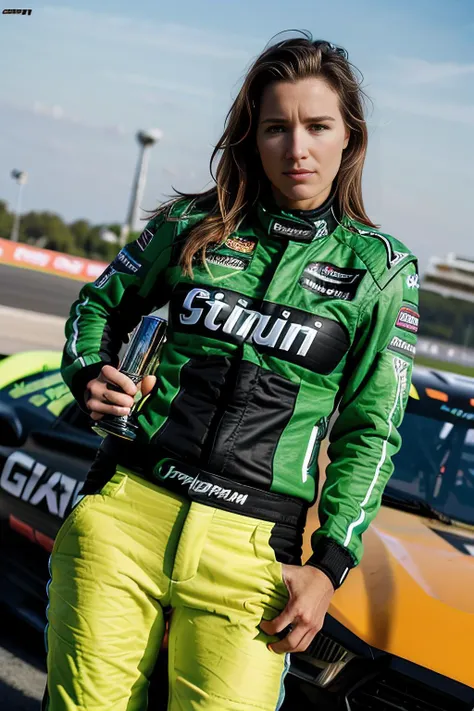 a sports photograph of beautiful (T34L30N1 woman:1.1),as a NASCAR race car driver,wearing a (lime green) racing firesuit,standing next to racing stock car,parked in victory lane,holding championship trophy,speedway in background,(closeup shot),sports magazine photoshoot,sharp focus,detailed eyes,(highly detailed),(HDR),(8k wallpaper),colorful,intricately detailed,highres,absurdres,hyper realistic,8K UHD DSLR,Fujifilm XT3,taken with (Canon EOS 1Ds camera),extremely intricate,dramatic,(looking at viewer),4k textures,hyperdetailed,as seen in (Sports Illustrated),<lora:T34L30N1_09B-000003:1.0>