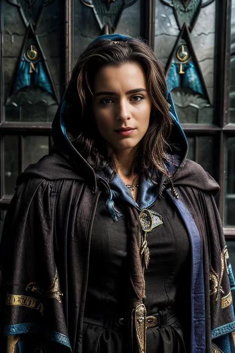 a cinematic still of beautiful (T34L30N1 woman:1.1),as a professor at Hogwarts,wearing a (Ravenclaw magician cloak:1.4),holding up an exquisite carved magic wand,(closeup shot),standing in a long hallway,with gothic stone archways,with stained glass windows,(dramatic pose:1.2),long dark hair,lipstick,makeup and eyeshadow,(looking at viewer),sharp focus,detailed eyes,depth of field,(highly detailed),(HDR),(8k wallpaper),intricately detailed,highres,absurdres,hyper realistic,8K UHD DSLR,Fujifilm XT3,taken with (Canon EOS 1Ds camera),extremely intricate,dramatic,4k textures,elegant,(cinematic look),<lora:zoom_slider_v1:0>,<lora:add_detail:1>,<lora:T34L30N1_09B-000003:1.0>,
