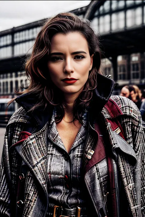 a (vintage black and white photograph:1.2) of beautiful (T34L30N1 woman:1.1),as a secret agent during WWII,wearing a long (tweed trench coat:1.2),(bright red lipstick:1.4),carrying an attache case, with long hair,standing on railway platform at (Paddington Station in London:1.2),victorian architecture,as a passenger train arrives,with busy crowds walking by,hero view angle,(looking at viewer),(medium shot),black and white photograph,detailed eyes,absurdres,face focus,extremely intricate,dramatic,elegant,b&w,film grain,faded,<lora:zoom_slider_v1:0>,<lora:add_detail:1>,<lora:T34L30N1_09B-000003:1.0>,