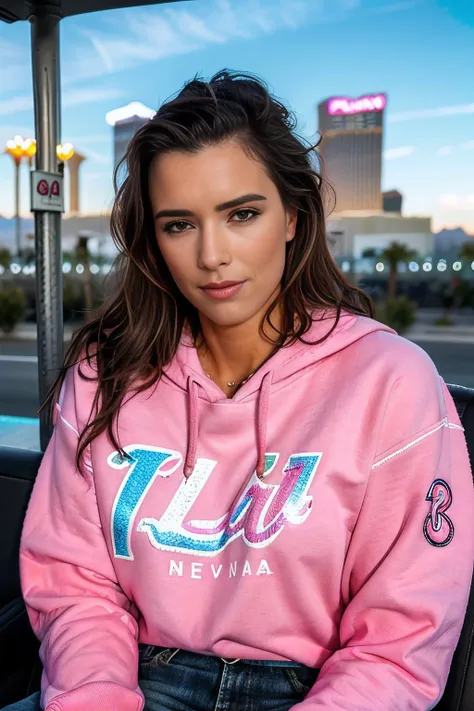 a selfie photograph of beautiful (T34L30N1 woman:1.1),as a beautiful tourist,wearing a (cerise pink sweatshirt:1.2) and (white cargo pants:1.1),holding a camera,sitting on upper deck of open tour bus,driving through (Las Vegas Strip:1.1) at night with bright neon signs,messy dark hair,lipstick,makeup and eyeshadow,(upper body),(medium closeup shot),travel photograph,sharp focus,detailed eyes,(highly detailed),(HDR),(8k wallpaper),colorful,vivid color,intricately detailed,high contrast,highres,absurdres,hyper realistic,8K UHD DSLR,Fujifilm XT3,taken with iphone 13,exposure blend,extremely intricate,dramatic,(looking at viewer),4k textures,elegant,(cinematic look),hyperdetailed,as seen on instagram,<lora:T34L30N1_09B-000003:1.0>
