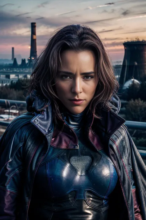 RAW photograph of beautiful (T34L30N1 woman:1.1) as a (fit and thin:1.2)(Super villain:1.2),from the (future:1.2),at a (old power plant:1.2),wearing a (dark red polymer latex hero outfit:1.2) with (indigo carbon fiber flak jacket and cape:1.2),cosplay costume,(hero view angle),(dramatic action pose),photo realistic,bokeh,IMAX,(highly detailed),(Award winning),(Masterpiece),(HDR),(8k wallpaper),colorful,vivid color,intricately detailed,high contrast,looking_at_viewer,highres,absurdres,hyper realistic,UDH,kodachrome,depth_of_field,(low_view:1.2),<lora:zoom_slider_v1:0>,<lora:add_detail:1>,<lora:T34L30N1_09B-000003:1.0>,