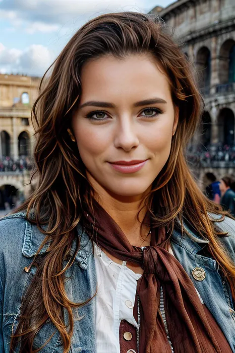 a professional photograph of beautiful (T34L30N1 woman:1.1),as a beautiful tour guide,wearing a (russet brown) dress,standing in front of the Colliseum in Rome,sunny sky with few clouds,tourist crowds in background,long hair,(mahogany red)lipstick,makeup and mascara,(upper body),(medium closeup shot),travel magazine photoshoot,as seen in Conde Nast,sharp focus,detailed eyes,(highly detailed),(HDR),(8k wallpaper),colorful,vivid color,intricately detailed,high contrast,highres,absurdres,hyper realistic,8K UHD DSLR,Fujifilm XT3,taken with (Canon EOS 1Ds camera),extremely intricate,dramatic,(looking at viewer),4k textures,elegant,hyperdetailed,<lora:zoom_slider_v1:0>,<lora:add_detail:1>,<lora:T34L30N1_09B-000003:1.0>,