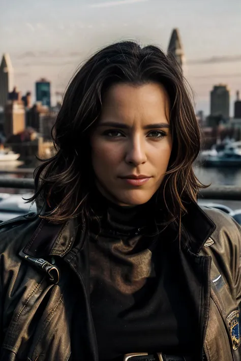 promotional photograph from television series of beautiful (T34L30N1 woman:1.1) as a criminal detective in a Baltimore police precinct,wearing black dress with a khaki trenchcoat,police badge on belt,holding glock gun,(closeup shot:1.2),walking on roof of brick building overlooking inner harbor,taken with Nikon D850,Nikon AF-S 85mm f/1.4G lens,photo realistic,bokeh,IMAX,(highly detailed),(Award winning),(Masterpiece),(HDR),(8k wallpaper),colorful,vivid color,intricately detailed,high contrast,looking_at_viewer,highres,absurdres,hyper realistic,UDH,depth_of_field,<lora:zoom_slider_v1:0>,<lora:add_detail:1>,<lora:T34L30N1_09B-000003:1.0>,