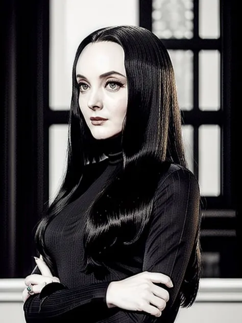 Addams76, black turtleneck, long black dress, detailed eyes, photography, trending on artstation, sharp focus, studio photo, intricate details, highly detailed, by greg rutkowski  <lora:Addams768:0.5>