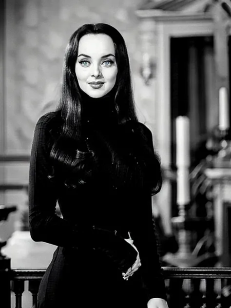 Addams76, black turtleneck, long black dress, taking the pose, old mansion, smile, detailed eyes, photography, trending on artstation, sharp focus, studio photo, intricate details, highly detailed, by greg rutkowski <lora:Addams768:0.7>