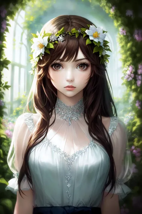 Female angel with green eyes and black hair wearing white dress in a beautiful forest full of flowers