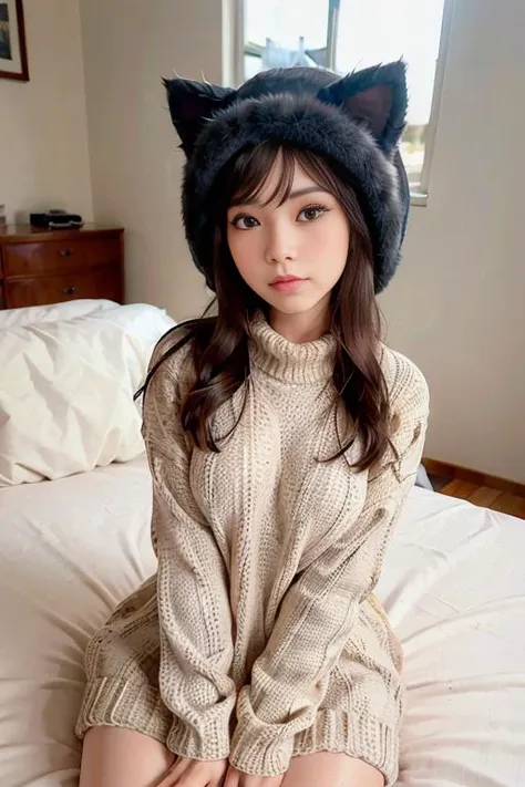 a woman, (wearing oversized_sweater, cat_ears_cap:1.3),
good hand,4k, high-res, masterpiece, best quality, head:1.3,((Hasselblad photography)), finely detailed skin, sharp focus, (cinematic lighting), soft lighting, dynamic angle, [:(detailed face:1.2):0.2], medium breasts,(((sitting on a bed))), <lora:betterCuteAsian03:0.3>,  <lora:cat_ears:0.4> ,<lora:oversized_sweater:0.4>