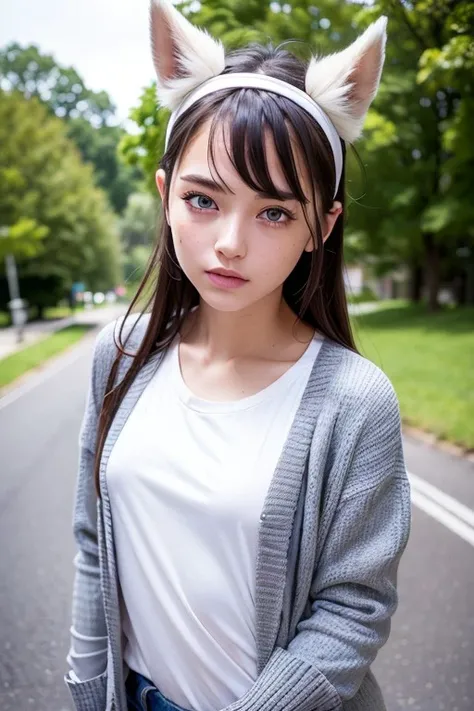 (masterpiece), best quality, seductive eyes, perfect face, symmetry eyes, (RAW photo, best quality), (realistic, photo-realistic:1.7), 1girl, high quality, (high detailed skin:1.7), puffy eyes, (teenager face:1.2), (wet pavement reflections:0.5), (rim lighting:0.5), (dimly lit:1.0), (day night:0.5), outdoors, road background,<lora:russiandolllikenessV1_v15:0.4>, ([Blonde hair:16][Thick hair:16][pink hair:8]:1.0), <lora:nwsjmajic-05:0.4>,<lora:fashionGirl_v53:0.2>, <lora:shojovibe_v11:0.2>, ((Grey Cardigan and white t-shirts trendy outfit)), looking from side, (Blue pupil eyes:0,5), (((random pose))),small horn headband, sweaty face