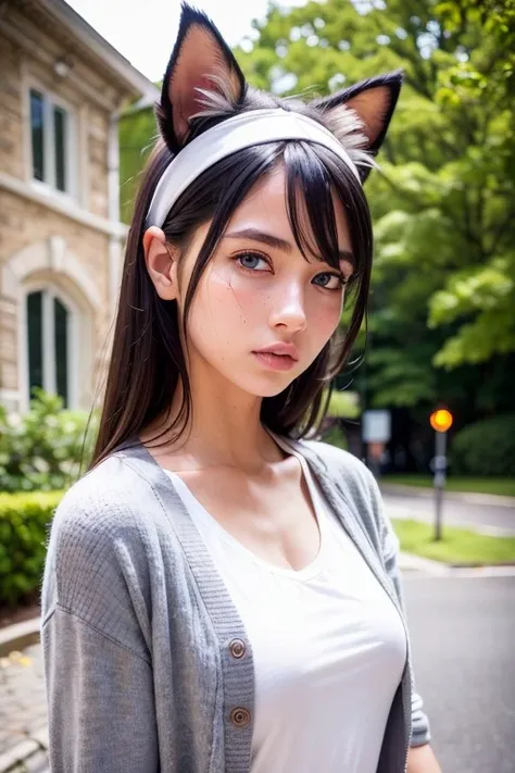 (masterpiece), best quality, seductive eyes, perfect face, symmetry eyes, (RAW photo, best quality), (realistic, photo-realistic:1.7), 1girl, high quality, (high detailed skin:1.7), puffy eyes, (teenager face:1.0), (wet pavement reflections:0.5), (rim lighting:0.5), (dimly lit:1.0), (day night:0.5), outdoors, road background,<lora:russiandolllikenessV1_v15:0.4>, ((multicolored hair)), ([Blonde hair:16][Thick hair:16][pink hair:8]:1.0), <lora:nwsjmajic-05:0.4>,<lora:fashionGirl_v53:0.2>, <lora:shojovibe_v11:0.2>, ((Grey Cardigan and white t-shirts trendy outfit)), looking from side, (Blue pupil eyes:0,5), (((random pose))), sweaty face, (wearing cat ear headband)