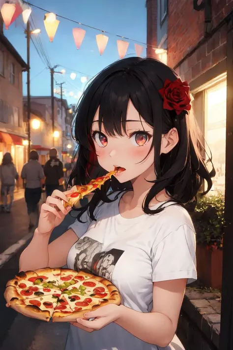 masterpiece, best quality, absurdres, perfect anatomy, 1girl, solo, HairRose, red rose, multicolored hair, t-shirt, eating, table, upper body, pizza, happy, lamp, outdoors, street, lamppost, <lora:HairRose:1>