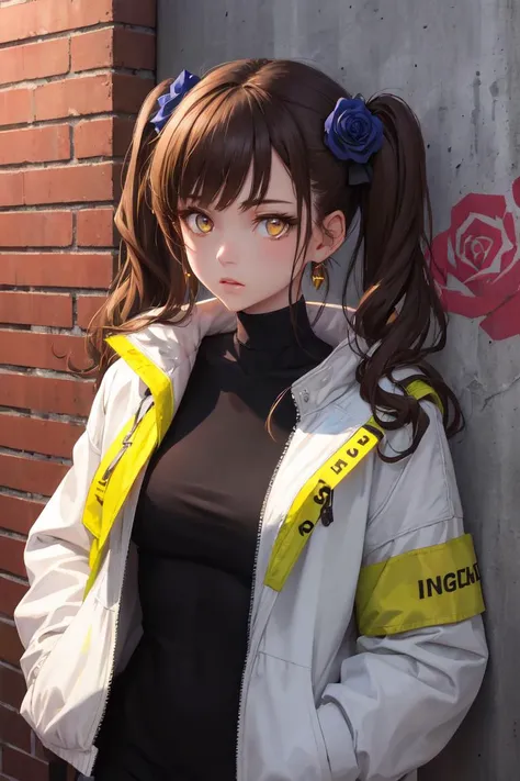 masterpiece, best quality, absurdres, perfect anatomy, 1girl, solo, HairRose, white rose, brown hair, twintails, amber eyes, earrings, sharp eyes, choker, neon shirt, open jacket, turtleneck sweater, night, against wall, brick wall, graffiti, dim lighting, alley, looking at viewer, <lora:HairRose:1>