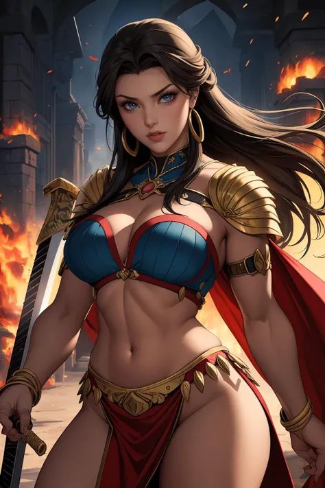 a masterpiece of,Super-High Resolution,A woman with a long sword in her hand, Swing your sword vigorously on the rock,The sword body glows and bursts into flames,Fully armed,A female warrior in combat,Battle robes fluttering,The body is surrounded by flames,Full body like,Ancient Greek idols style,deusa Atena,Goddess of battle,Goddess of beauty,Perfect body structure。The background is sky and clouds, flames of fire,Thomas Blackhill,Greek goddess Athena, j c leyendecker 8 k,portrait of celtic goddess diana, venus godness athena, --auto