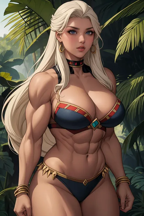 Thog,blonde hair,long hair,blue eyes,muscular,navel,from below,large breasts,
cleavage,bone bra,underwear,bone hair ornament,arm bands,
forest,jungle,mountains,
(insanely detailed, beautiful detailed face,beautiful detailed eyes, masterpiece, best quality),solo,
