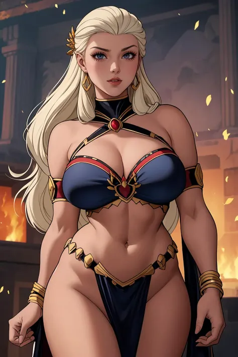 (masterpiece:1.4), (best quality:1.4),extremely detailed, intricate, hyper detailed, 1girl, Blonde hair, dress, down on one knee, (perfect_face), 4k, detailed_background, full_body, a close up of a woman in a ripped and torn costume, black corset skirt combo, gold inlay, red cape, hyper detailed, zenescope, bodybuilder superhero bikini, muscular super hero women, artgerm comic, extremely detailed artgerm,