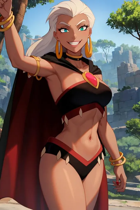 ((masterpiece,best quality)), absurdres,
<lora:Queen_La_Tarzan:0.7>, Queen_La_Tarzan, cape, dark skin,
smug, smiling,
solo, smiling, looking at viewer, cowboy shot,
jungle background, cinematic composition, dynamic pose,