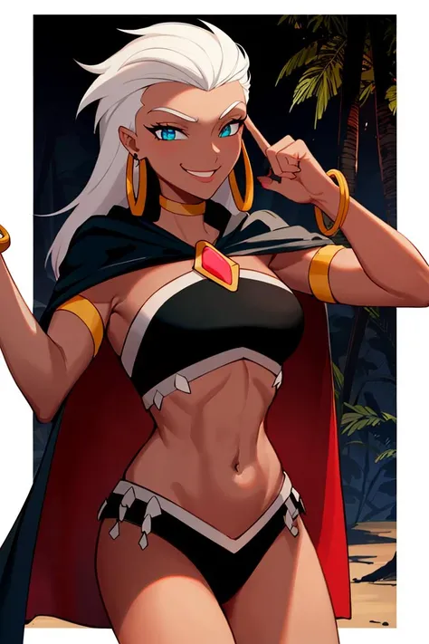 ((masterpiece,best quality)), absurdres,
<lora:Queen_La_Tarzan:0.7>, Queen_La_Tarzan, cape, dark skin, long white hair, black crop top,
smug, smiling,
solo, smiling, looking at viewer, cowboy shot,
jungle in background, cinematic composition, dynamic pose,