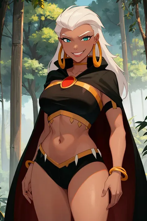 ((masterpiece,best quality)), absurdres,
<lora:Queen_La_Tarzan:0.7>, Queen_La_Tarzan, cape, dark skin, long white hair, black crop top,
smug, smiling,
solo, smiling, looking at viewer, cowboy shot,
jungle in background, cinematic composition, dynamic pose,
