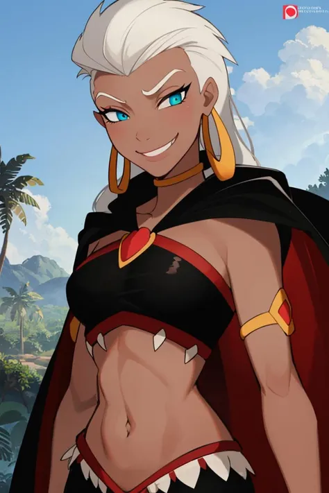 ((masterpiece,best quality)), absurdres,
<lora:Queen_La_Tarzan:0.7>, Queen_La_Tarzan, cape, dark skin, long white hair, black crop top,
smug, smiling,
solo, smiling, looking at viewer, cowboy shot,
jungle in background, cinematic composition, dynamic pose,