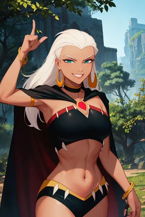((masterpiece,best quality)), absurdres,
<lora:Queen_La_Tarzan:0.7>, Queen_La_Tarzan, cape, dark skin, long white hair, black crop top,
smug, smiling,
solo, smiling, looking at viewer, cowboy shot,
jungle in background, cinematic composition, dynamic pose,