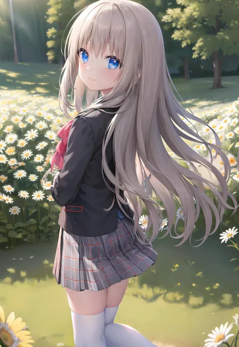 masterpiece, absurdres, best qualtity, ,1girl, (solo:1.2),
((detailed background)), ((extremely detailed CG unity 8k wallpaper)),
noumi kudryavka, black and red uniform with pink bow, pleated grey plaid skirt, white stockings,
<lora:kudryavkaNoumiLora_v10:1>,
outdoors, grass, flower field, (daisy:1.2), wild flowers, dog,
looking at viewer,
smile, fang,
(arms behind back:1.1),
soft lighting,