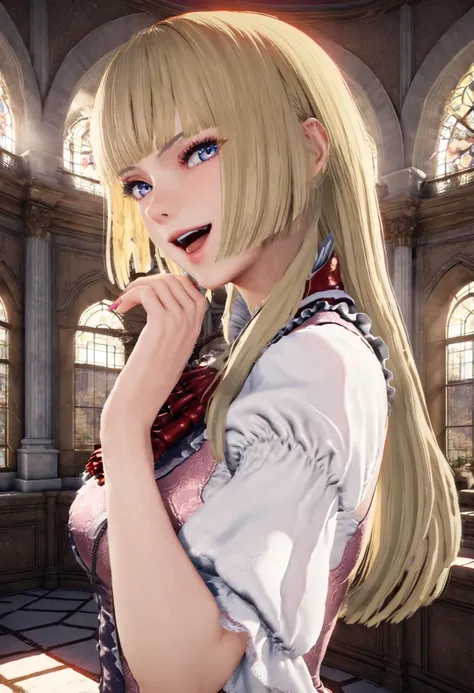 1girl, solo, tekken 8_lily, blue eyes, nail polish, blonde hair, long hair, open mouth, smile, looking at viewer, ojou-sama pose, standing, from side, upper body, indoors, palace, beautiful lighting, ray traced, <lora:offset_0.2:0.5>, <lora:add-detail-xl:0.5>, <lora:sdxl2-flat2-512b:-0.5>, <lora:xl_more_art-full_v1:0.5>, masterpiece, best quality, <lora:Tekken_lily_xl:0.8>, <lora:ojousamaXLv1:0.7>