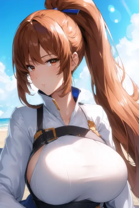 (day:1.7), cloud, beach,blue sky,
Standing at attention,
bikini,jacket,wide sleeves,White_uniform,White_outfit,Short_Pants,black legwear,japanese clothes, blue scarf,
<lora:Aya_Kujyou_Final_Gear-KK77-V2:0.85>,
brown eyes, brown hair,bangs, Long_hair, Red_eyes,ponytail, white ribbon,
1 girl, 24yo,mature female,Beautiful Finger,Beautiful long legs,Beautiful body,Beautiful Nose,Beautiful character design, perfect eyes, perfect face,
looking at viewer, in the center of the image,focus on face,
NSFW,official art,extremely detailed CG unity 8k wallpaper, perfect lighting,Colorful, Bright_Front_face_Lighting,
(masterpiece:1.0),(best_quality:1.0), ultra high res,4K,ultra-detailed,
photography, 8K, HDR, highres, absurdres:1.2, Kodak portra 400, film grain, blurry background, bokeh:1.2, lens flare, (vibrant_color:1.2)
(Beautiful,Large_Breasts:1.2), (beautiful_face:1.5),(narrow_waist),