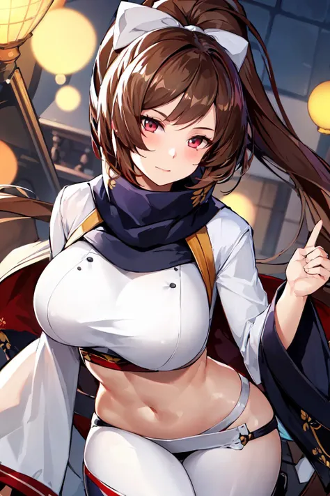 jacket,wide sleeves,White_uniform,White_outfit,black legwear,japanese clothes, blue scarf,Bikini, <lora:Aya_Kujyou_Final_Gear-KK77-V3:0.7>,Pants, brown eyes, brown hair,bangs, Long_hair, Red_eyes,ponytail, white ribbon,
1 girl, 20yo,Young female,Beautiful Finger,Beautiful long legs,Beautiful body,Beautiful Nose,Beautiful character design, perfect eyes, perfect face,expressive eyes, looking at viewer, in the center of the image,(light_smile:0.5), official art,extremely detailed CG unity 8k wallpaper, perfect lighting,Colorful, Bright_Front_face_Lighting,shiny skin, (masterpiece:1.0),(best_quality:1.0), ultra high res,4K,ultra-detailed, photography, 8K, HDR, highres, absurdres:1.2, Kodak portra 400, film grain, blurry background, bokeh:1.2, lens flare, (vibrant_color:1.2) (Beautiful,large_Breasts:1.0), (beautiful_face:1.5),(narrow_waist)