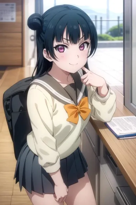 (((pixel-perfect, detail-perfect))), solo, 1girl, <lora:yoshiko-lovelive-01:0.8>, yoshiko tsushima, uranohoshi school uniform, bowtie, looking at viewer, smug, dynamic pose