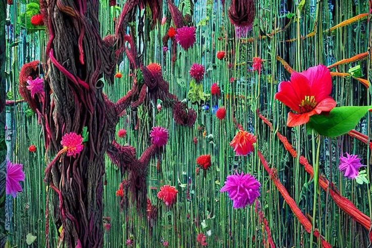 More bright colors, Fantastic landscape, alien landscape, 8K, asymmetry, arrange objects in the frame randomly, bizarre, incredible interweaving of flowers on long stems, cinematografy quality, plants not found on Earth or in the ocean, heavy greenish drops, glowing buds, vines of all colors of the rainbow, perspective stretching into the distance, highest contrast, highest detail
