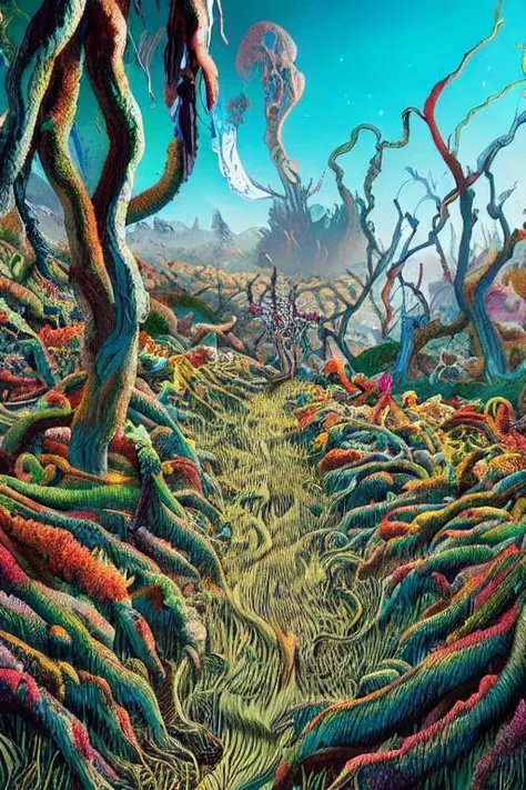 More bright colors, Fantastic landscape, alien landscape, 8K, asymmetry, arrange objects in the frame randomly, bizarre, incredible interweaving of flowers on long stems, cinematografy quality, plants not found on Earth or in the ocean, heavy greenish drops, glowing buds, vines of all colors of the rainbow, perspective stretching into the distance, highest contrast, highest detail